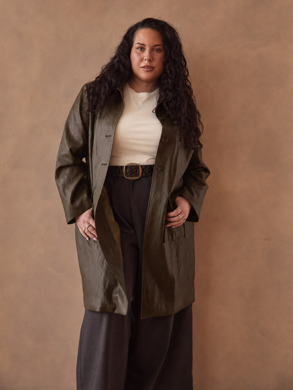 Aria jacket, cream tee with charcoal pants & belt