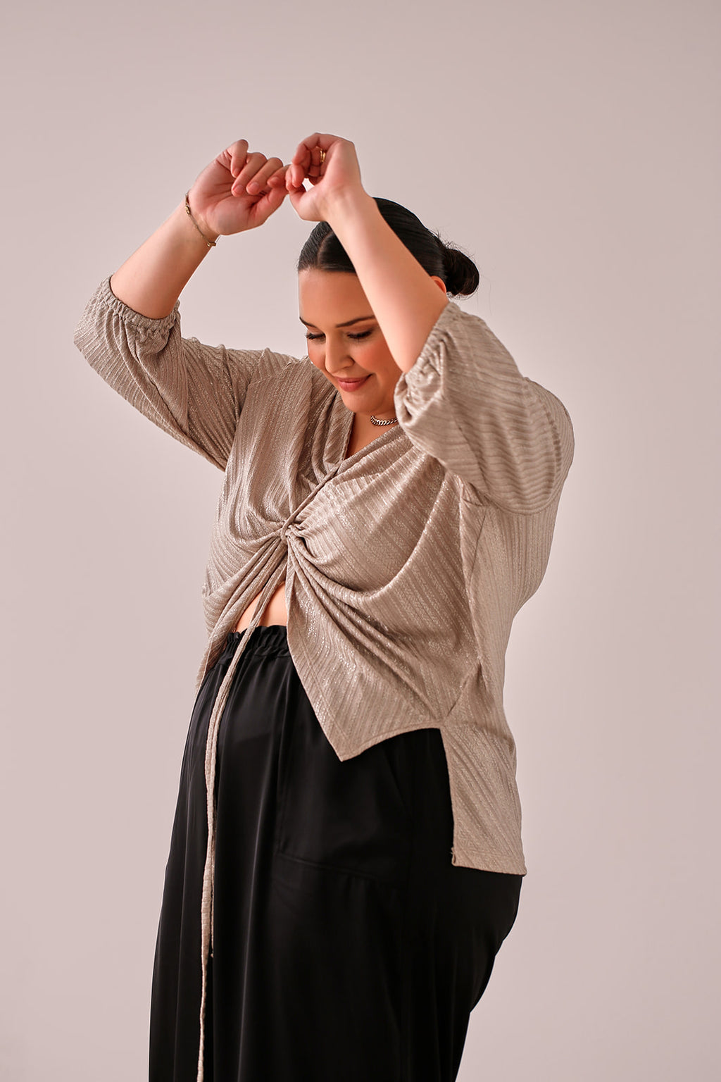Ava Metallic Knit Top in Champagne — front tie detail
