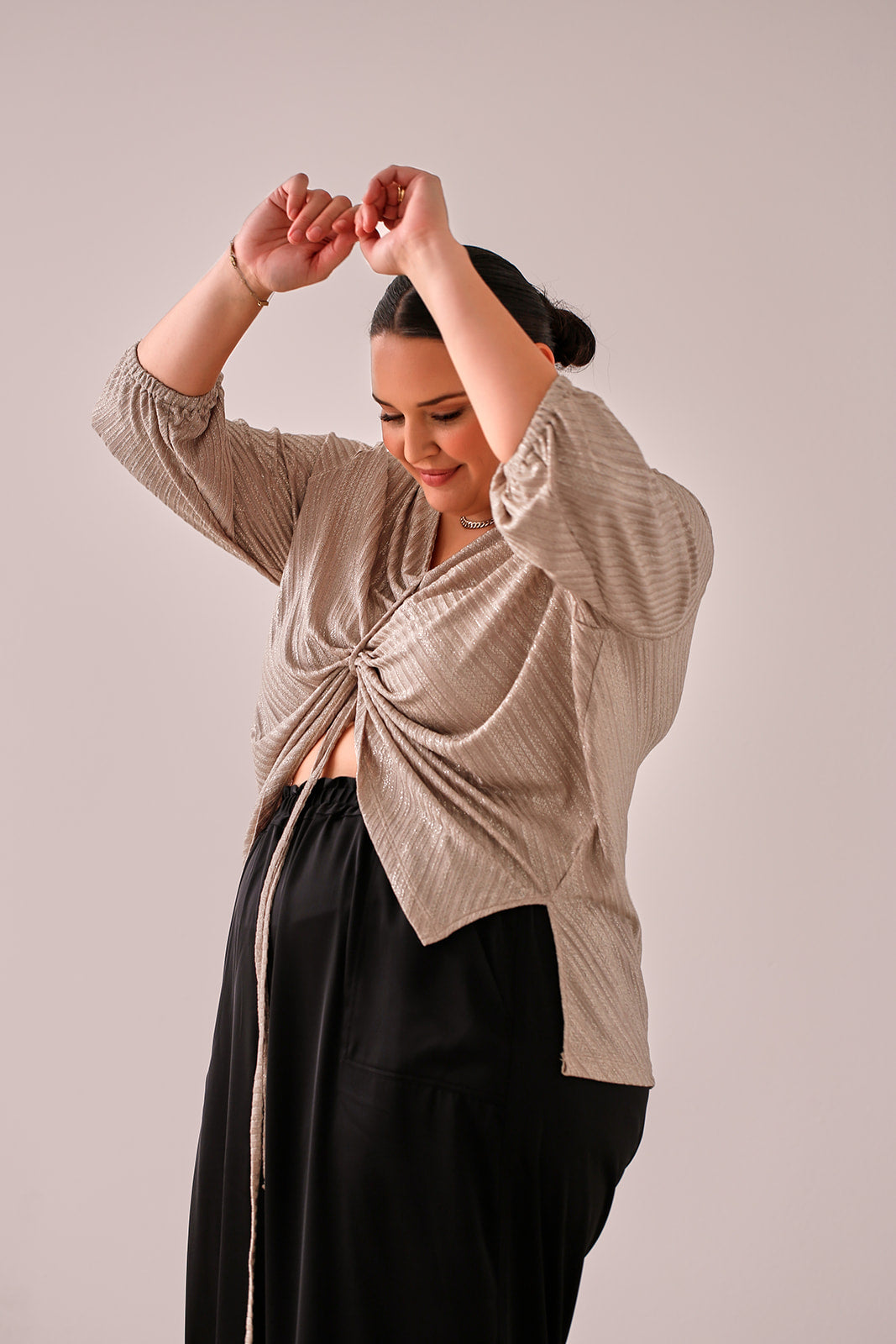 Ava Metallic Knit Top in Champagne — front tie detail