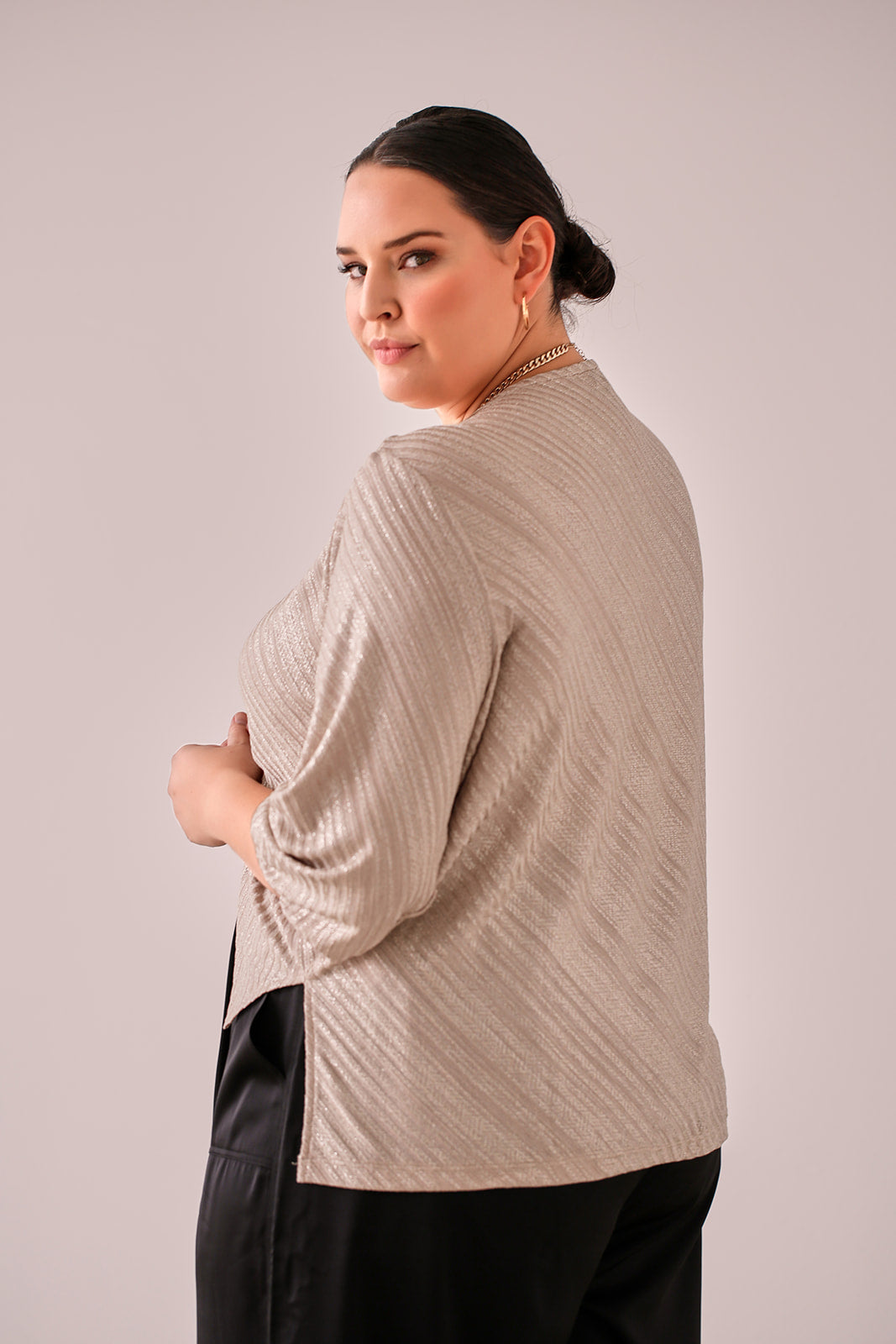 Ava Metallic Knit Top in Champagne — back view