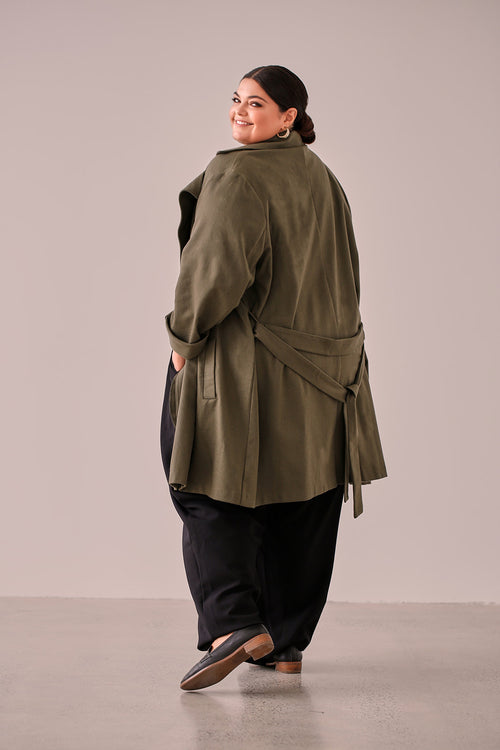Bailey Wrap Jacket Moss — back view close up