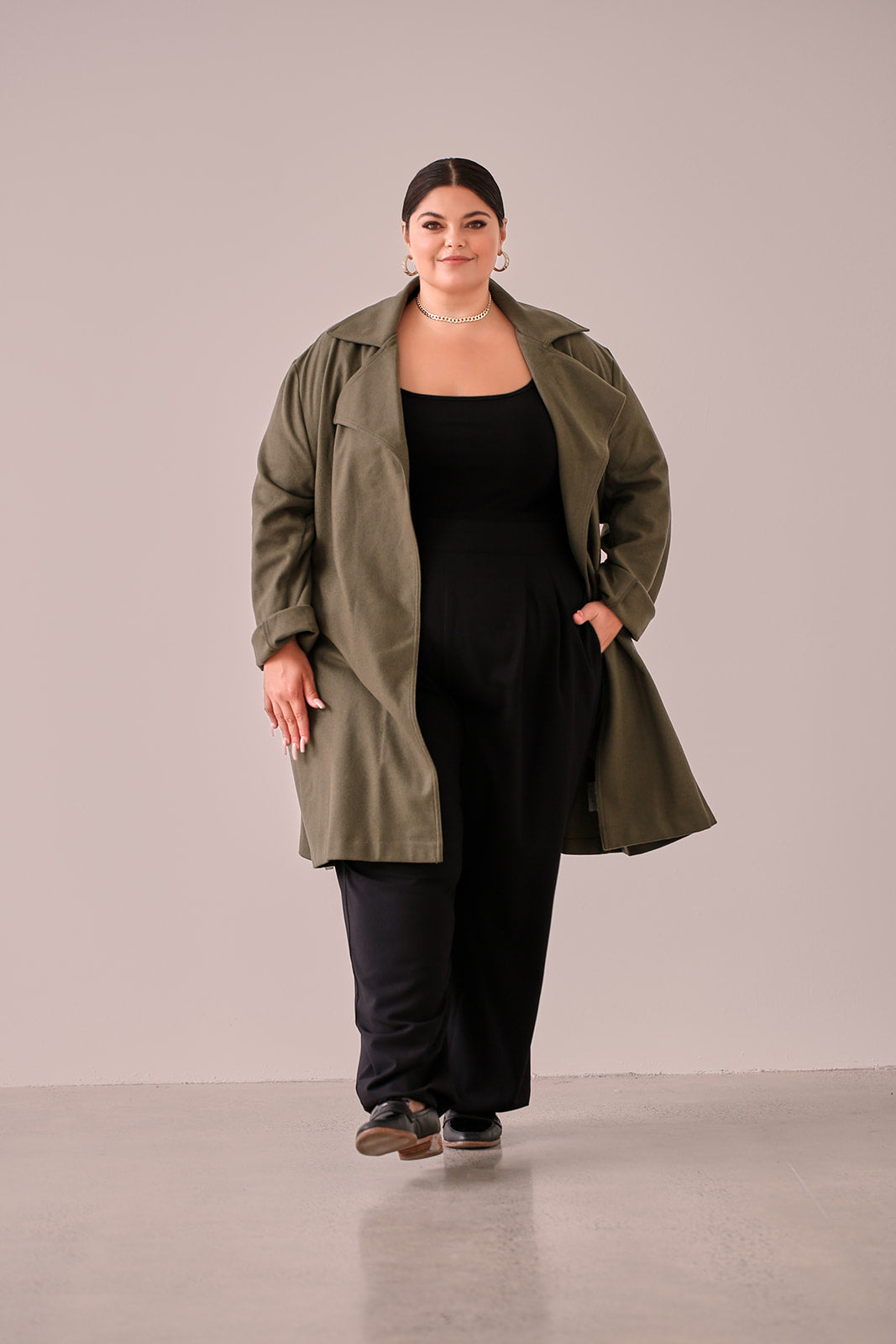 Bailey Wrap Jacket Moss — front view walking