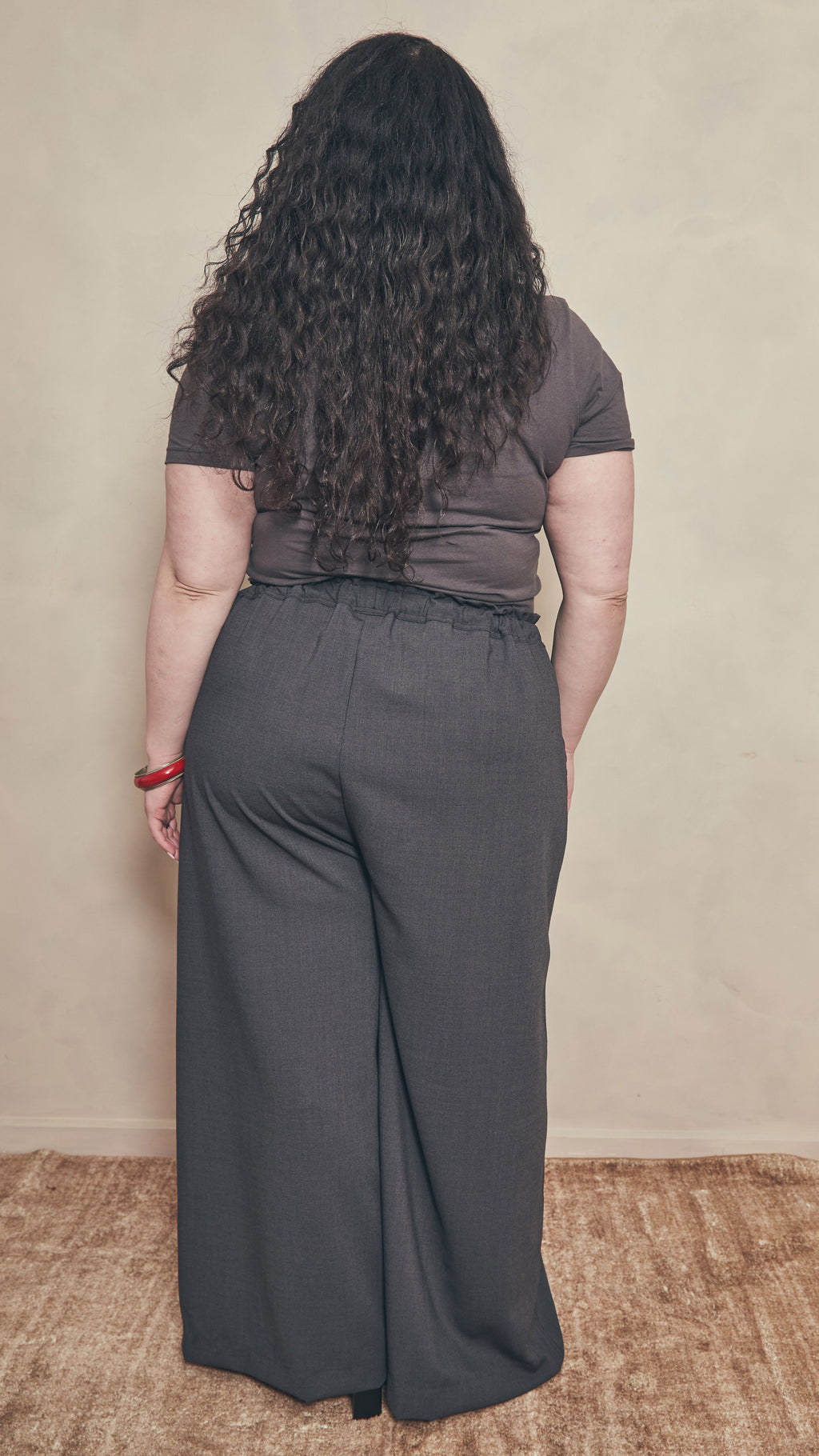 Back view of charcoal palazzo pants